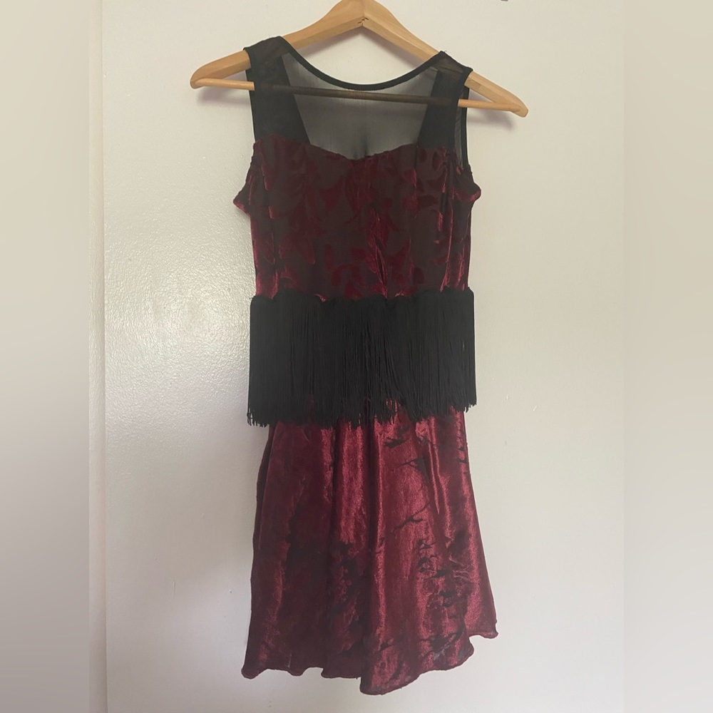 Velvet maroon and black fringe dance dress.